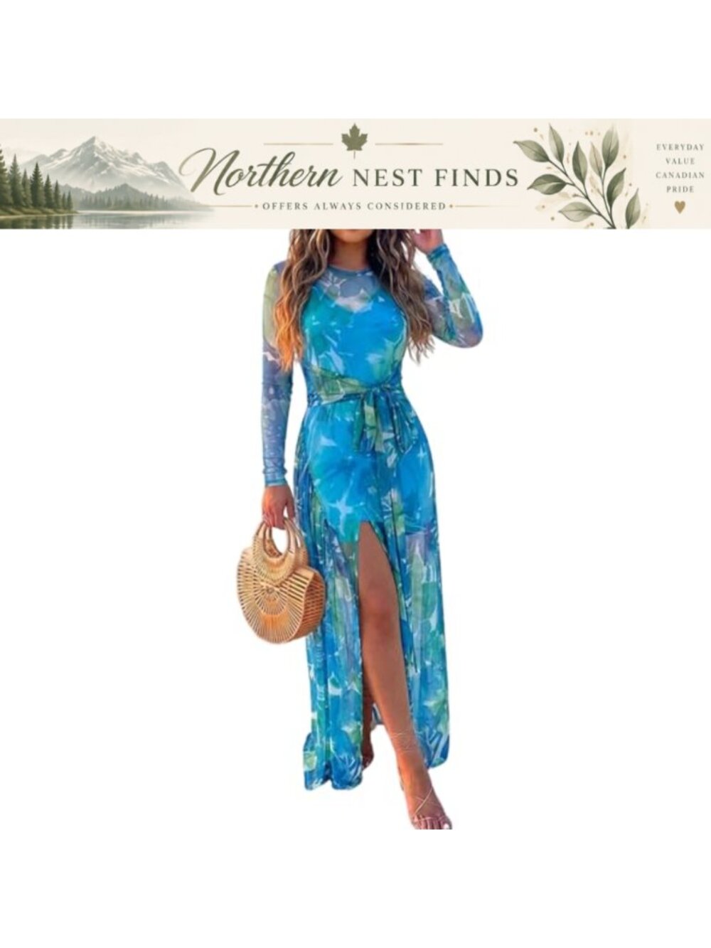 Womens 2 Piece Maxi Dress Set Sheer Mesh Tie Waist Slit V Neck Party